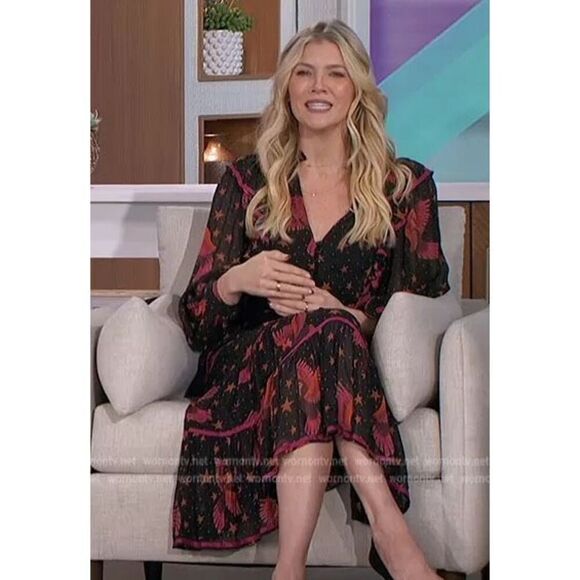 Farm Rio Women’s Black Pink Macaw Bird Orange Stars 3D Star Buttons Midi Dress - Picture 11 of 13